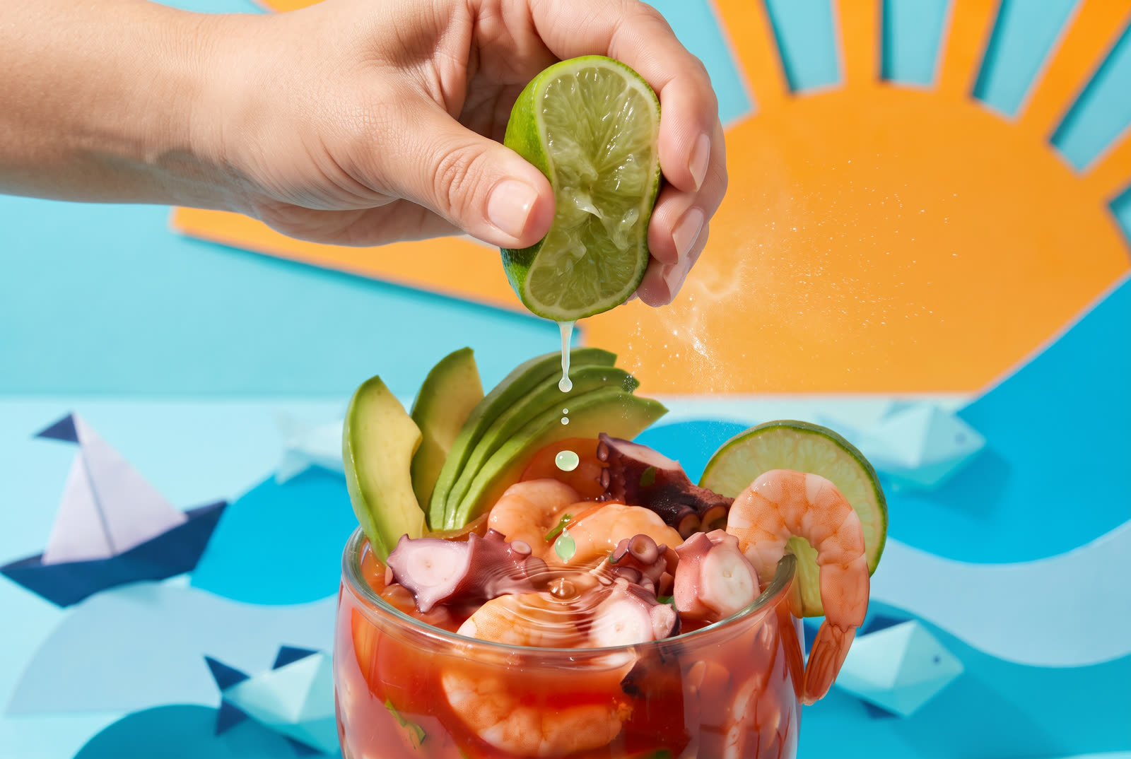 Limón exprimido sobre un coctel de mariscos