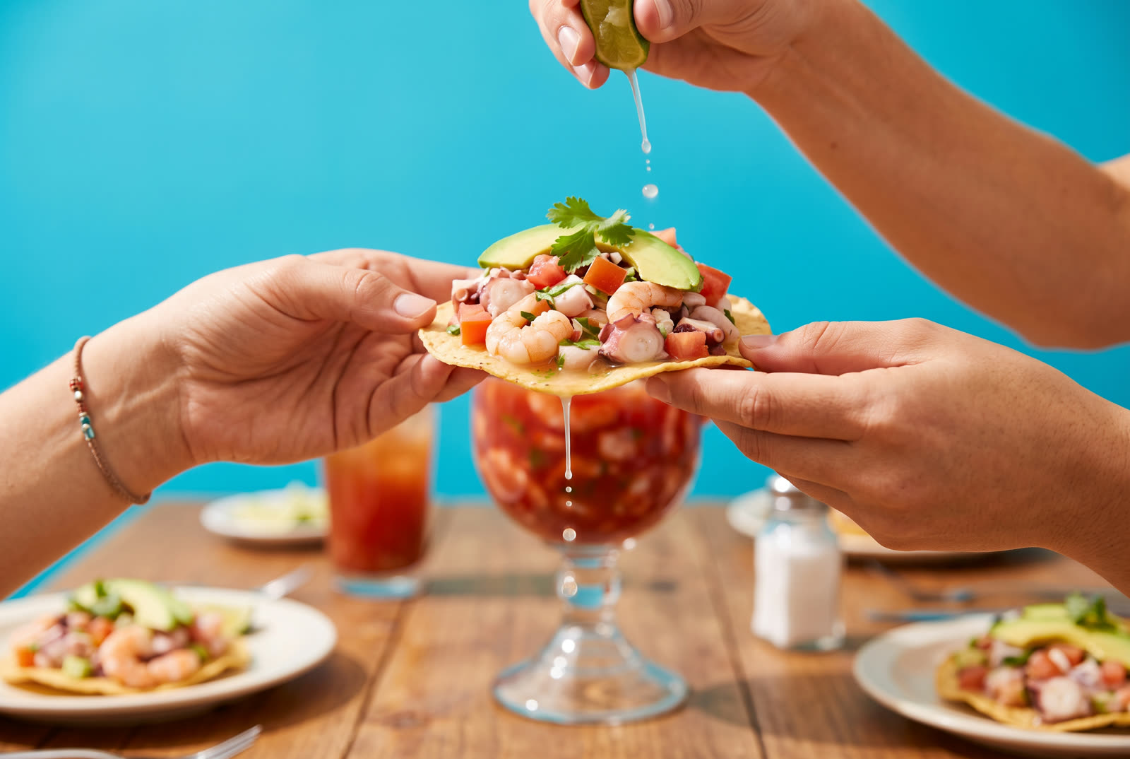 Tostada de mariscos sostenida sobre la mesa