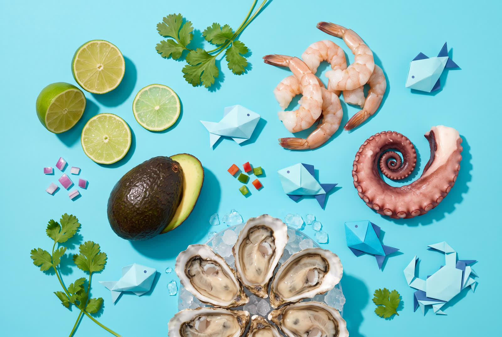 Ingredientes frescos de Mareah: camarón, pulpo, ostión y aguacate